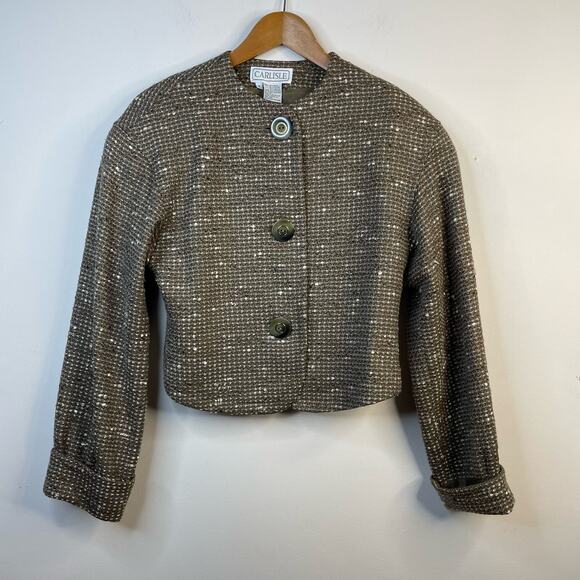 Carlisle Vintage 80s 90s Taupe Classic Tailored Tweed Wool Cropped Jacket 8 M - Picture 1 of 12
